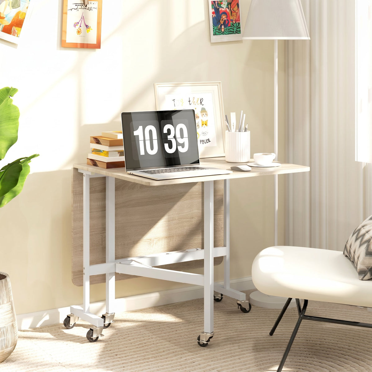 HOMCOM Industrial Folding Table with 2 Drop-Leafs and Wheels in Chipboard and Steel, 120x80x73cm, Oak