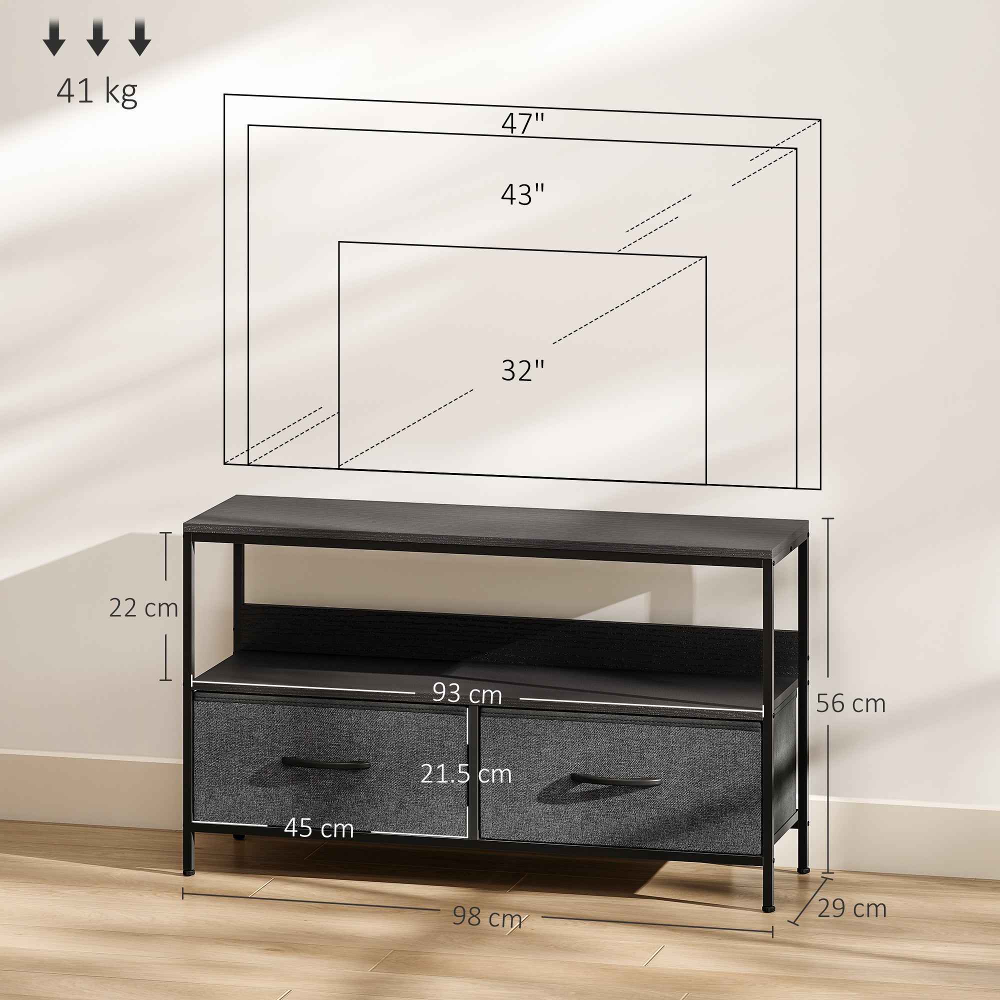 HOMCOM 47" TV Stand with Folding Fabric Drawers and Metal and MDF Shelf, 98x29x56 cm, Black