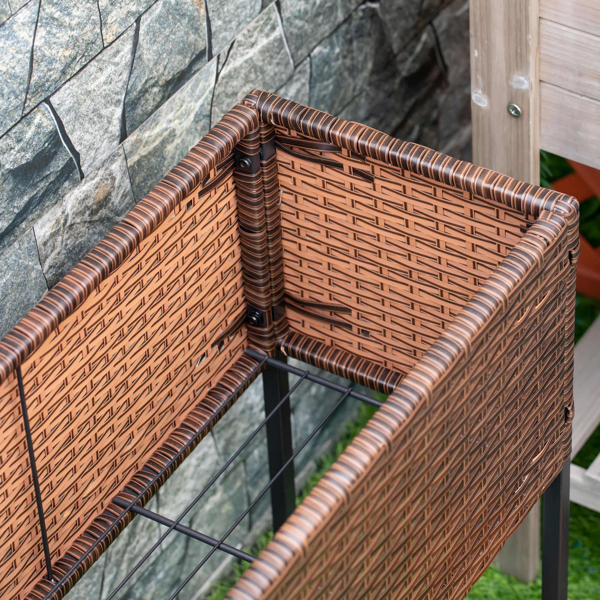 Outsunny Raised Garden Bed, Wicker-Effect Planter with Shelf, Raised Garden Bed for Indoor and Outdoor Use, Brown (70cm x 30cm x 70cm)