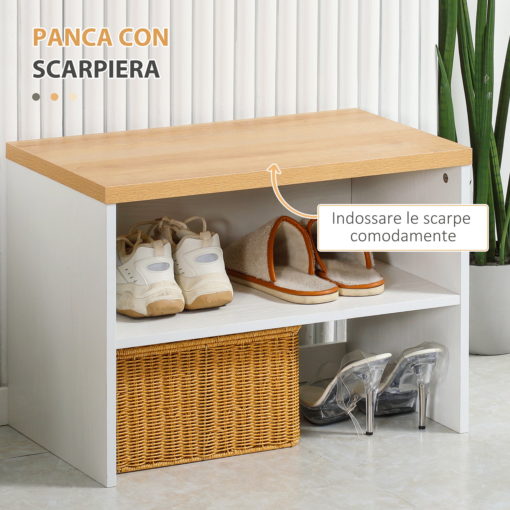 HOMCOM Entryway Cabinet with Low Shoe Rack, Bench and 4-Hook Coat Rack in Chipboard and Steel, 60x28x120 cm