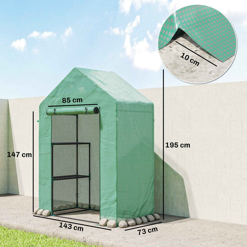 Outsunny Garden Greenhouse 143 x 73 x 195 cm with 2-Tier Shelf, Green