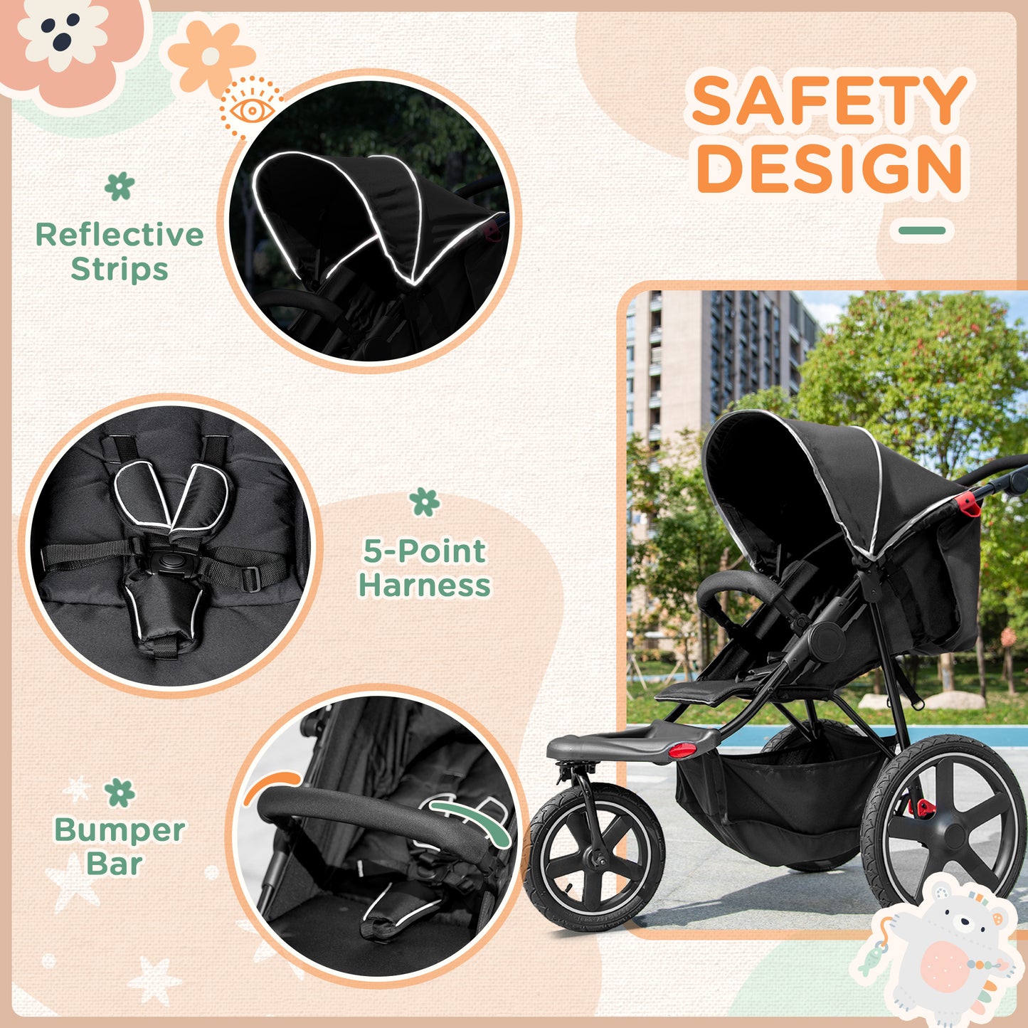 HOMCOM Foldable Stroller for Children 0-36 Months with Adjustable Roof and Storage Basket, 128x58x106 cm, Black