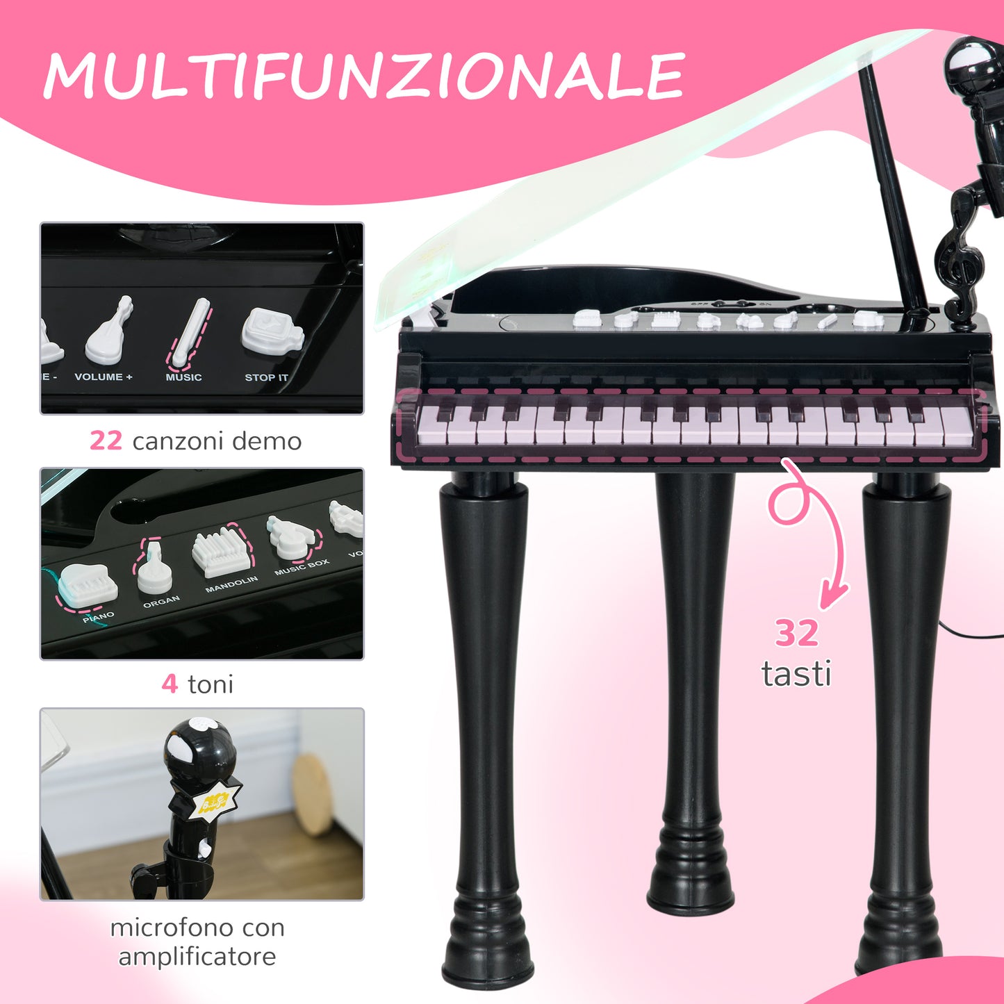 AIYAPLAY 32-Key Children's Piano with Stool, Microphone, Music, Lights and Removable Legs, Black - Borgè