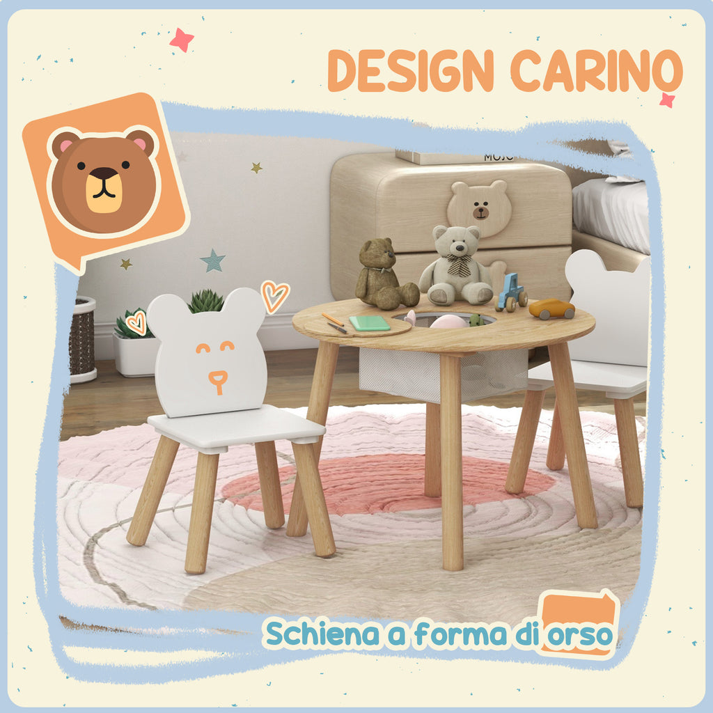Children's Table and 2 Chairs Set with Teddy Backrest, Coffee Table with Storage, White and Wood