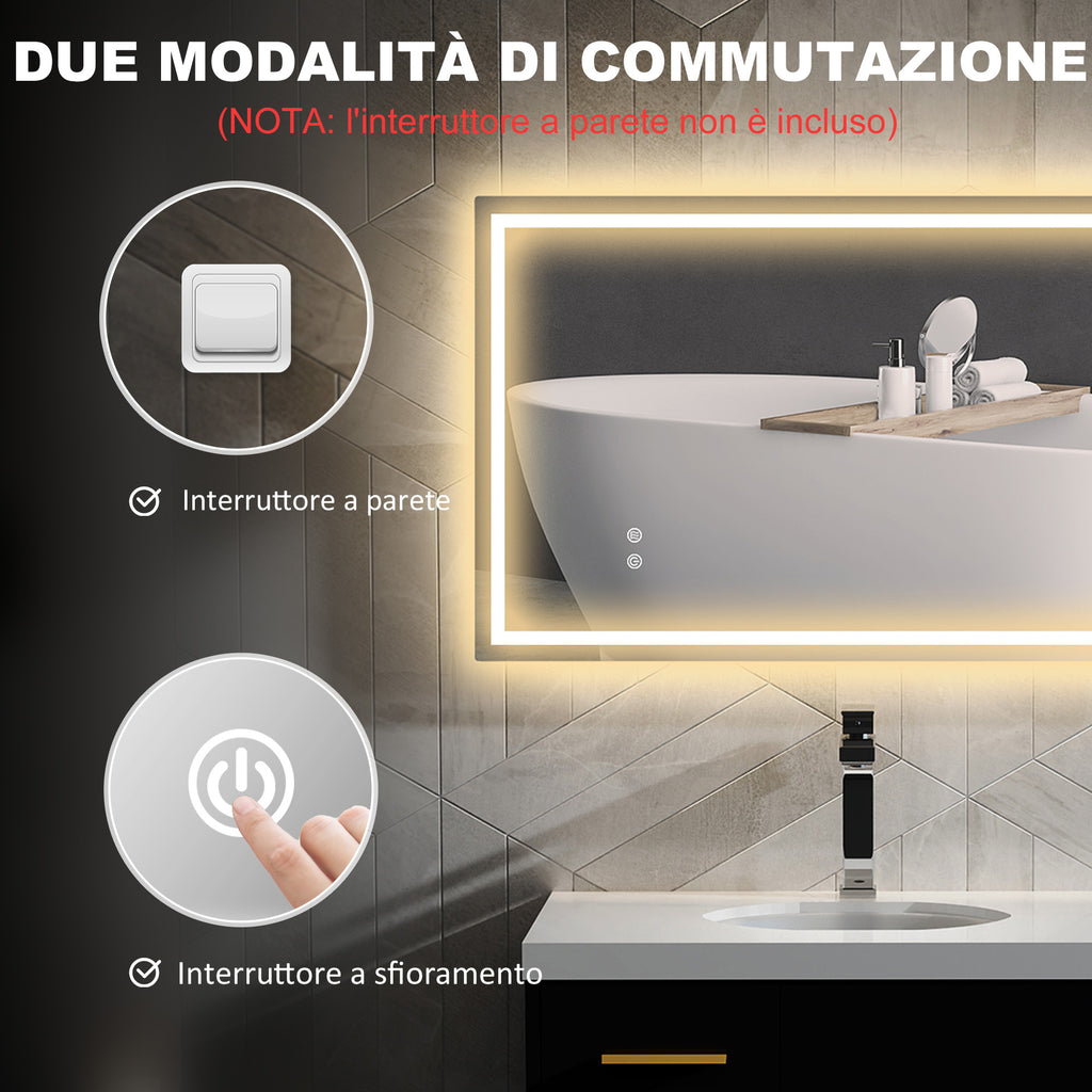Bathroom Mirror with 3-Color Adjustable LED Lights and Anti-Shock Coating, Glass and Metal, 100x3x60 cm