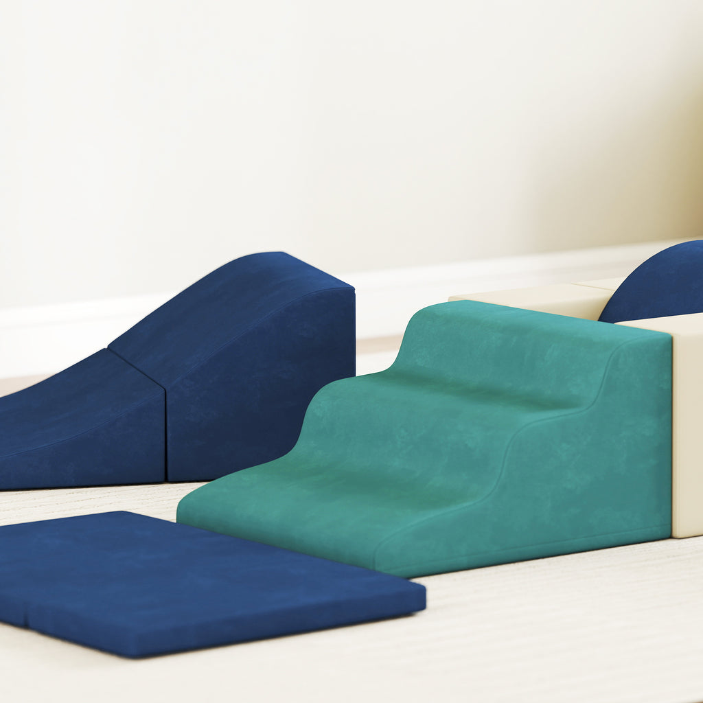 AIYAPLAY 7-Piece Soft Building Blocks Set for Kids Ages 0.5-3 with Non-Slip Base, Foam and Velvet, Blue
