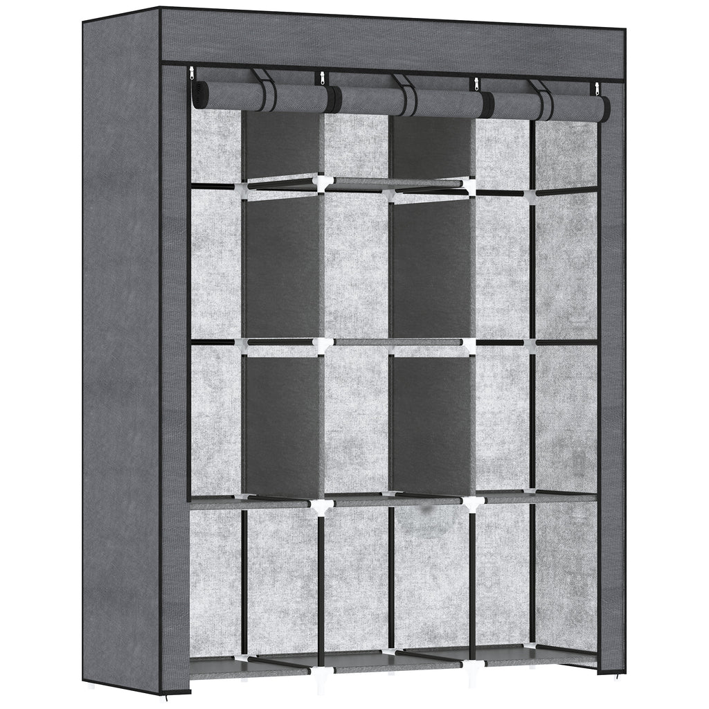 Wardrobe in Non-Woven Fabric and Steel with 8 Shelves and 2 Bars, 125x43x162.5 cm, Charcoal Gray