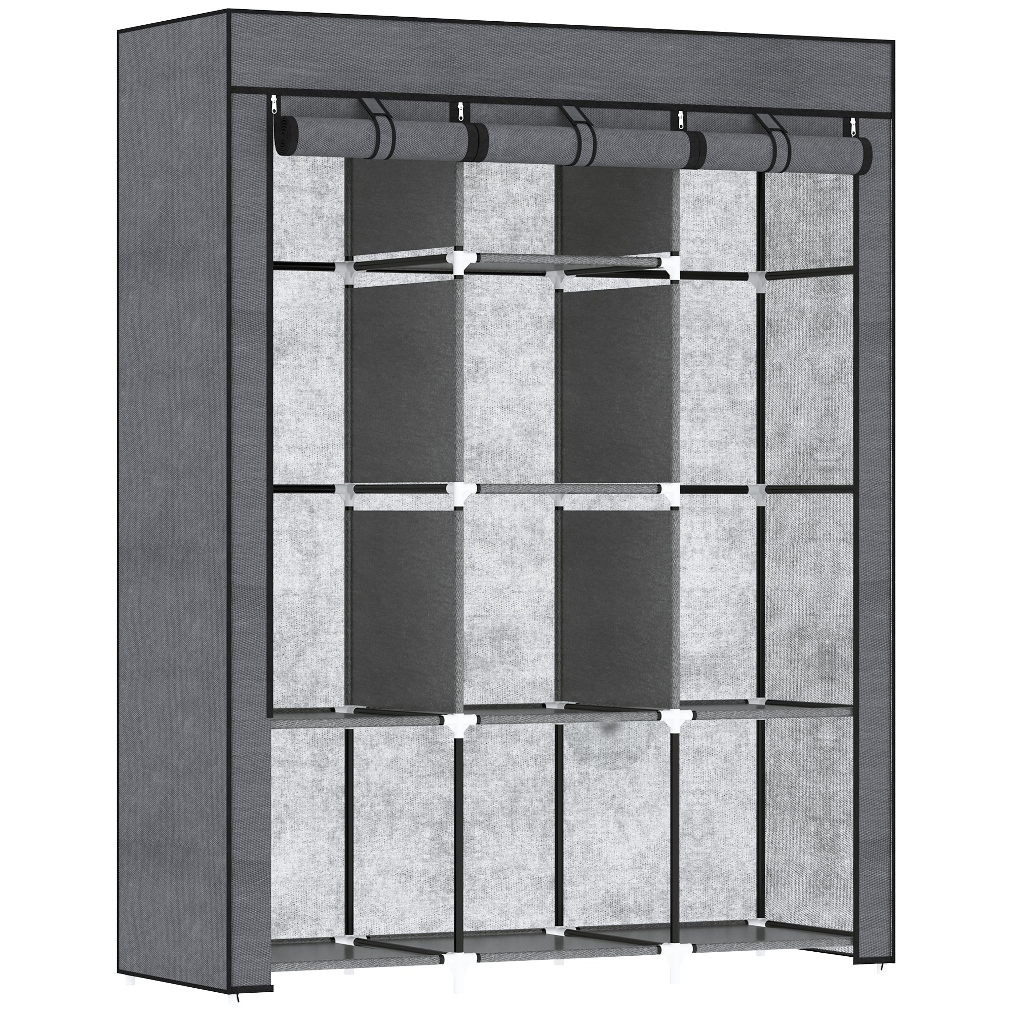 Wardrobe in Non-Woven Fabric and Steel with 8 Shelves and 2 Bars, 125x43x162.5 cm, Charcoal Gray