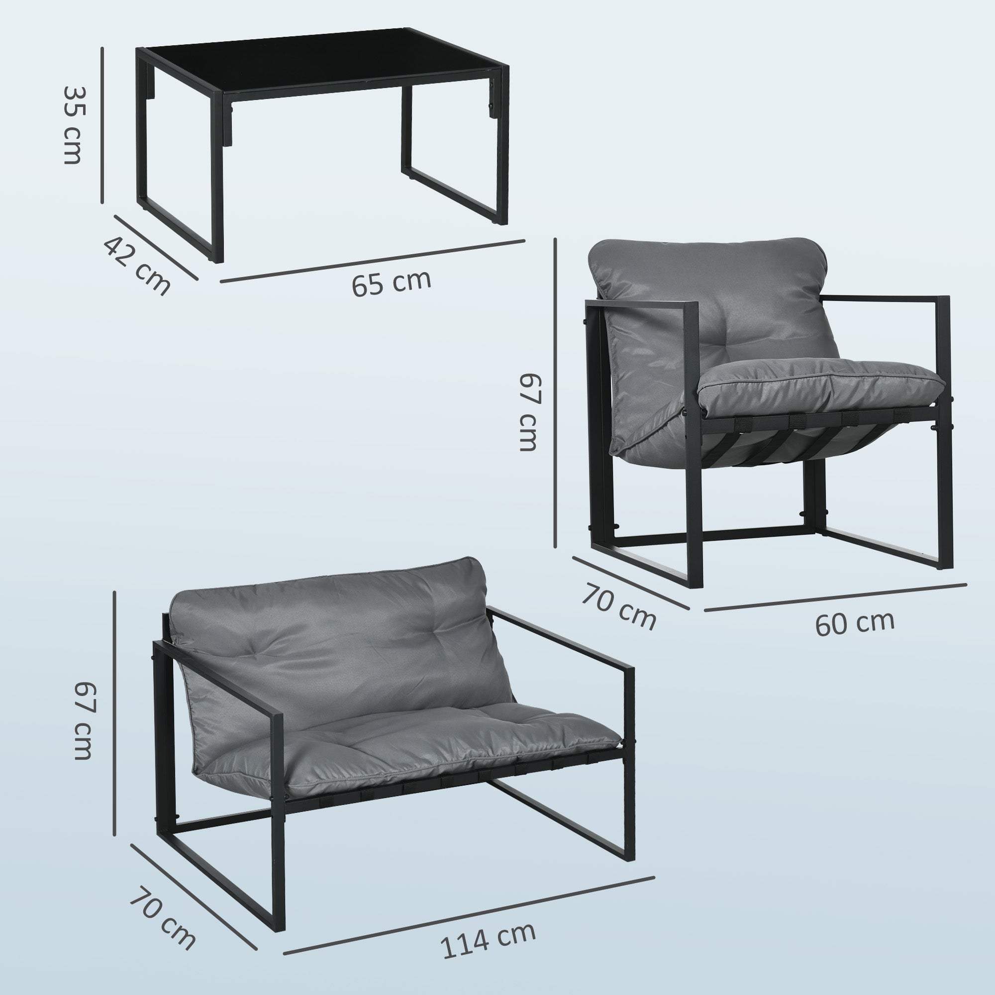Outsunny 4-Piece Garden Set with Sofa, 2 Armchairs and Coffee Table, in Steel, Polyester and PP Cotton, Black and Grey