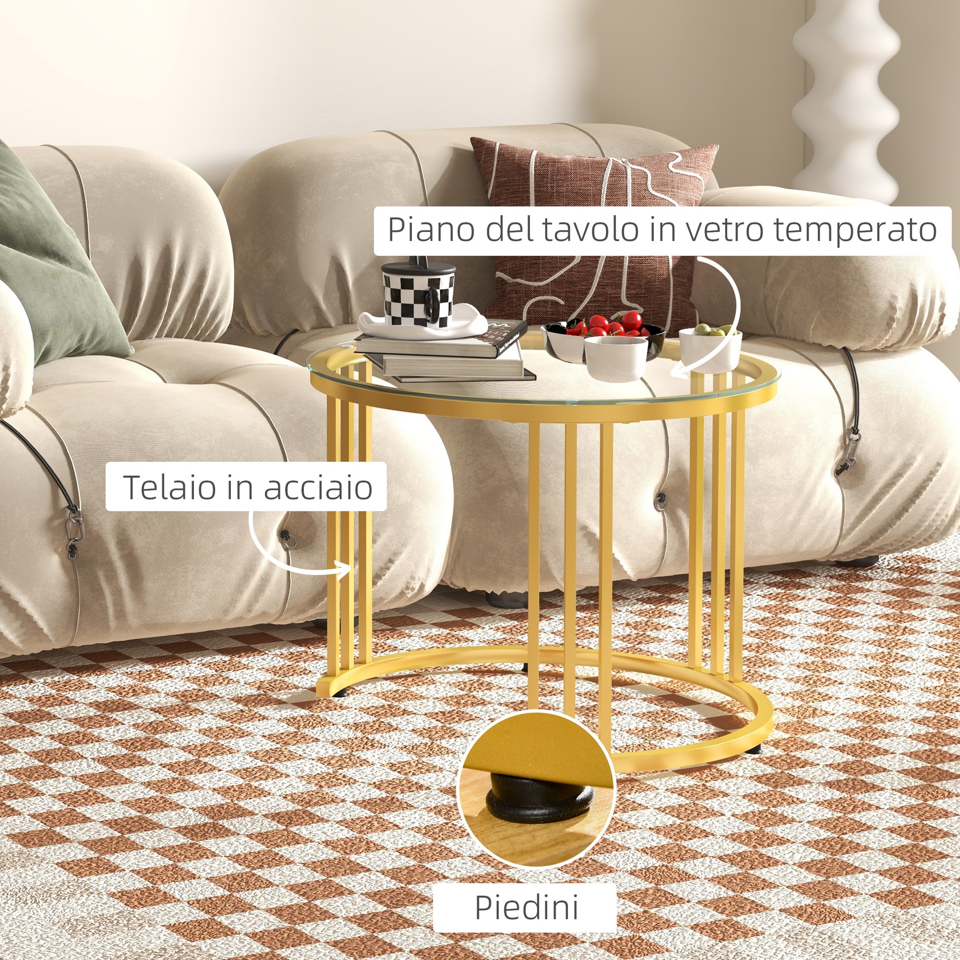 Set of 2 Round Coffee Tables with Stackable Design, 4 Lower Shelves and 4 Wheels, Gold and Oak - Borgè