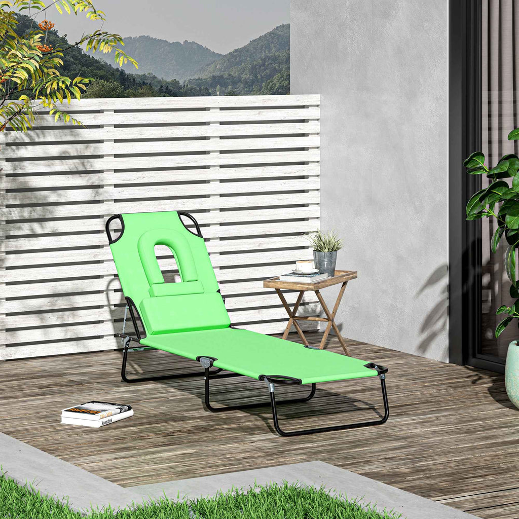 Outsunny Folding Deck Chair with Reading Hole and Cushion, 4-Level Reclining, Oxford Fabric and Steel Frame, Green