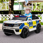 Electric Police Car for Kids, 12V Battery and Remote Control, Siren Lights USB Connection for Music, 110x68x52cm, White