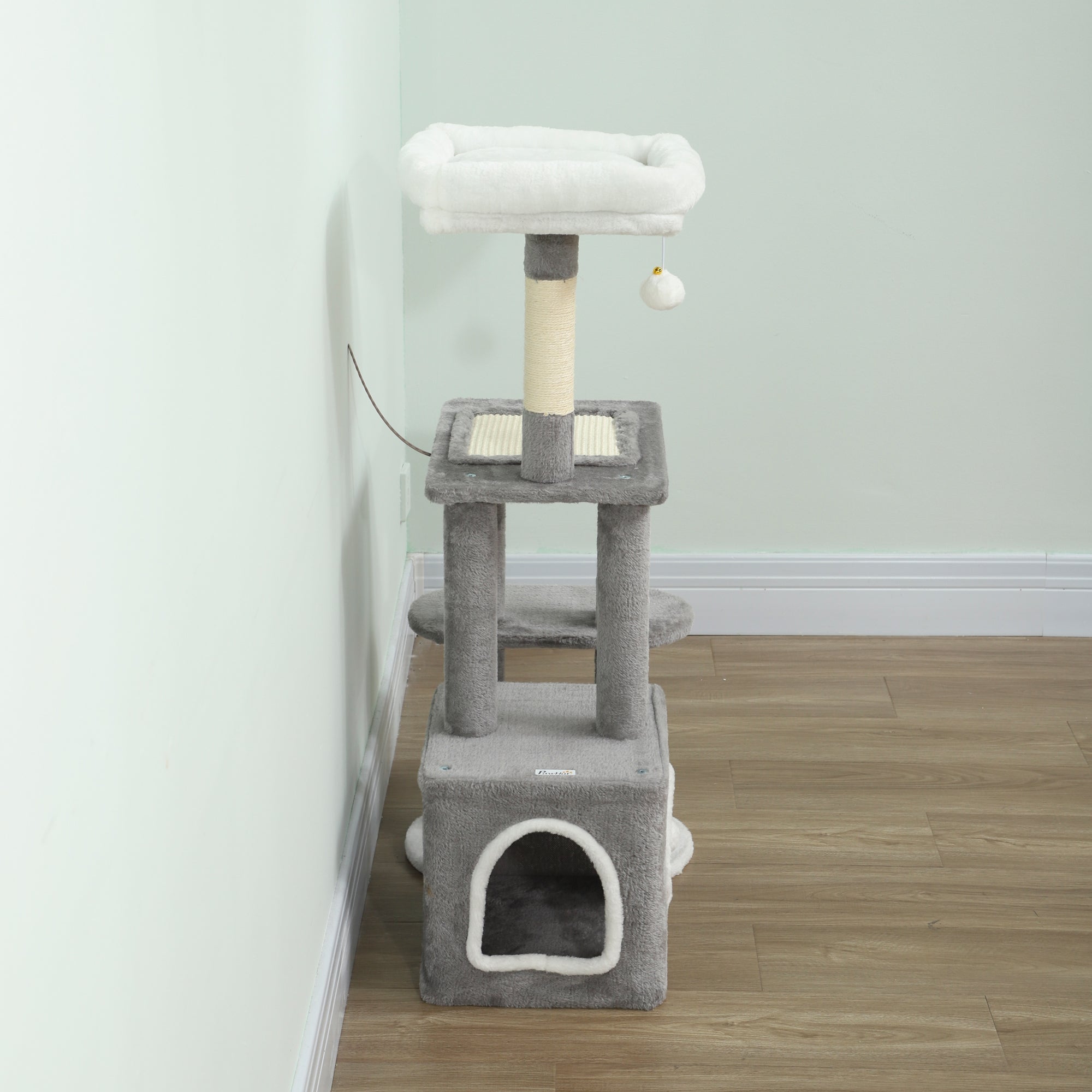 Cat Scratching Tree with House, Bed and 2 Balls, Made of Wood and Plush, 55x40x107 cm, Grey and White