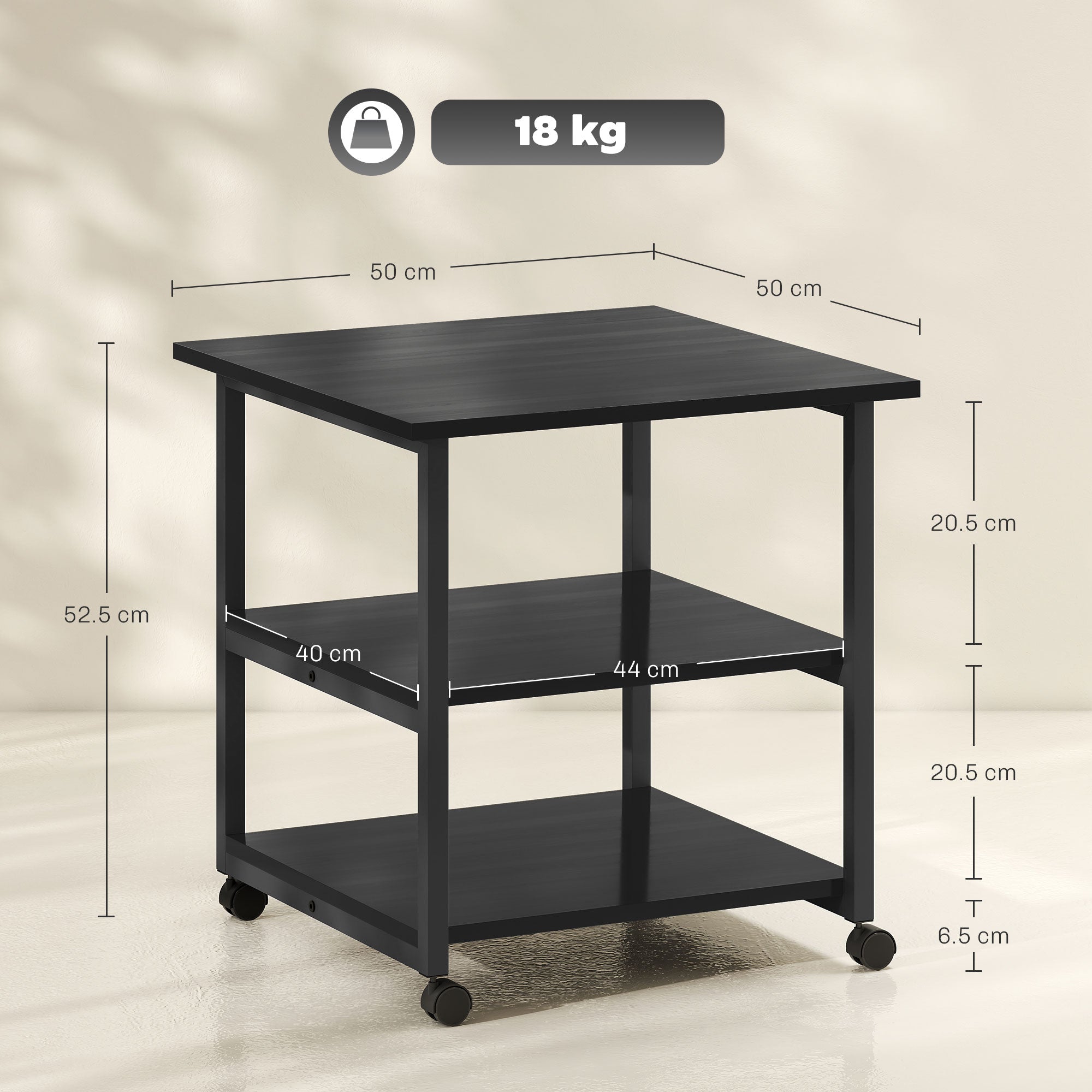 3-Tier Printer Cart with 4 Wheels, Wood and Steel, 50x50x52.5cm, Black
