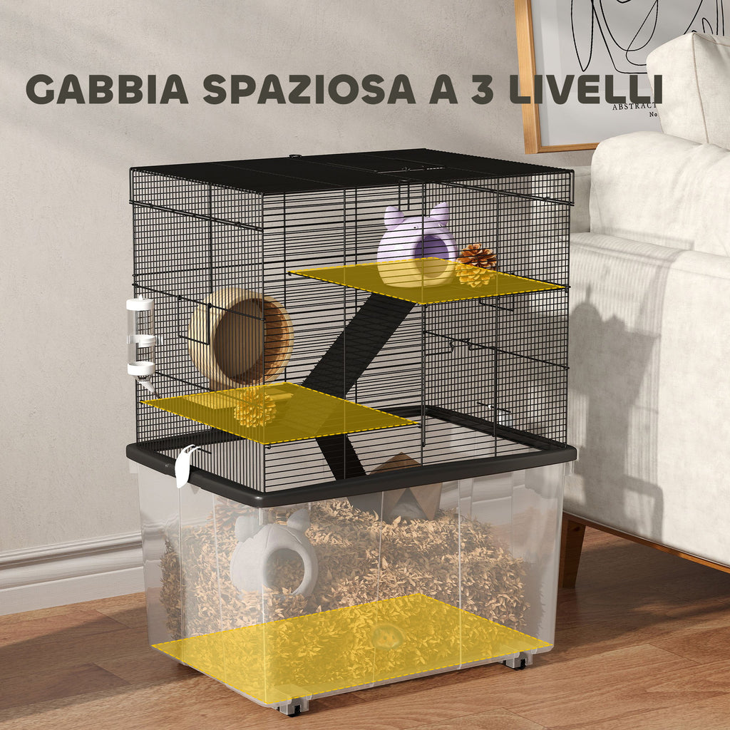 Hamster Cage 3 Floors with Wheels, 2 Platforms, Ramps, Bowl and Bottle, 58x43x74 cm, Black