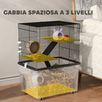 Hamster Cage 3 Floors with Wheels, 2 Platforms, Ramps, Bowl and Bottle, 58x43x74 cm, Black