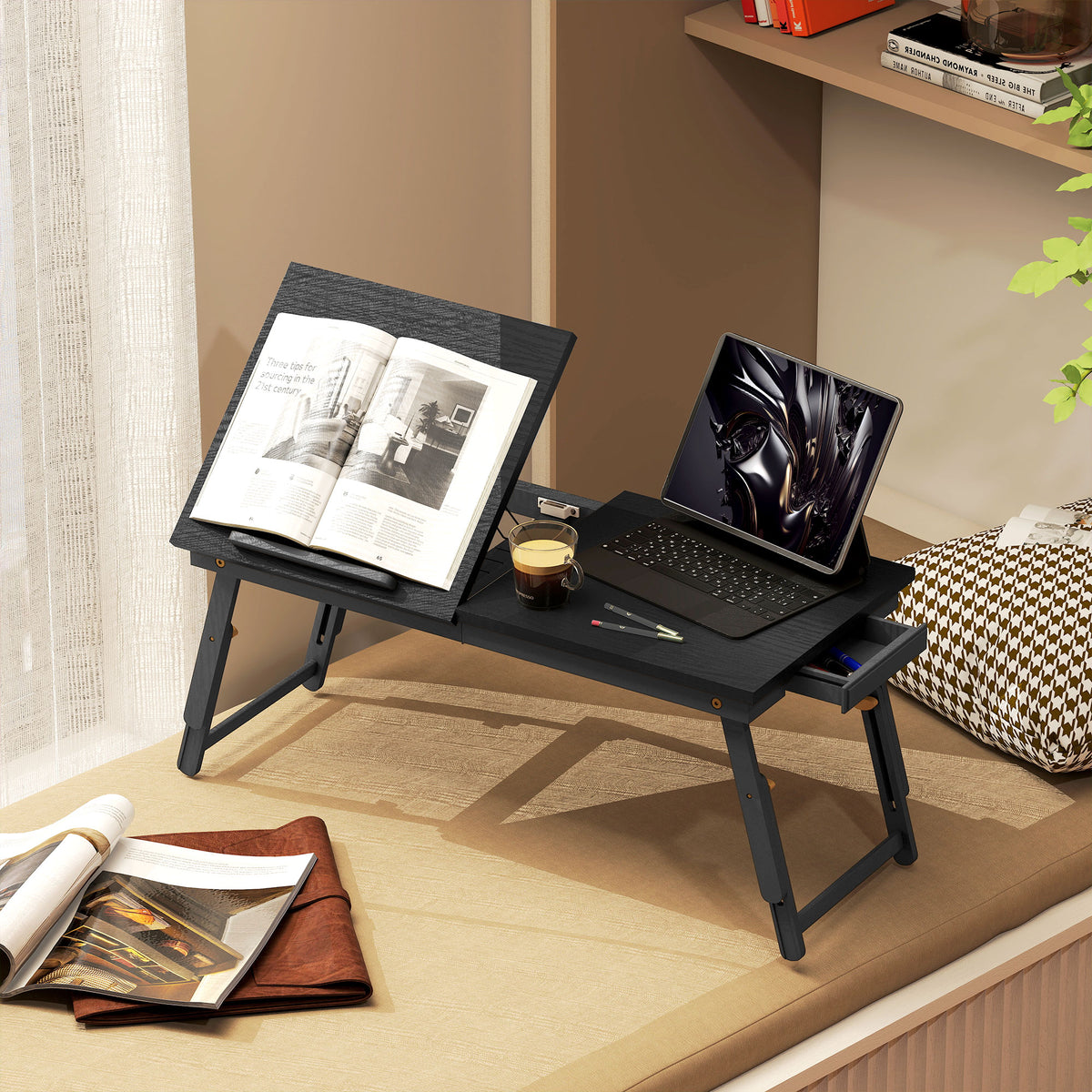 HOMCOM Tilting and Adjustable Monitor Stand with Side Drawer, Wooden, 83.5x33x23.5-34 cm, Black
