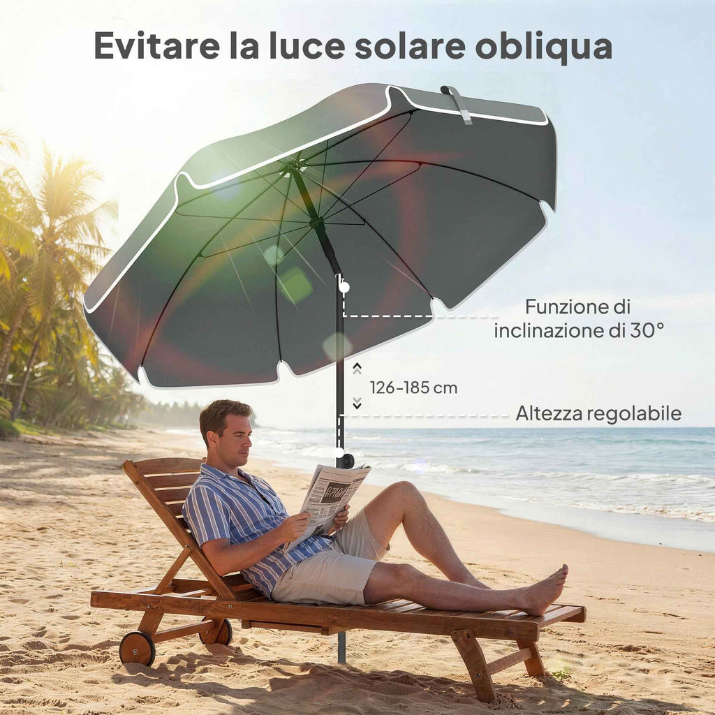 Outsunny Tilting Beach Umbrella with Anchor and Bag, Ø150x185 cm, Dark Grey