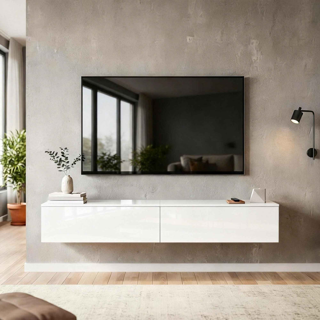 HOMCOM Wall-Mounted TV Stand for up to 75" with Pressure-Close Doors, 180x33x30 cm, Gloss White