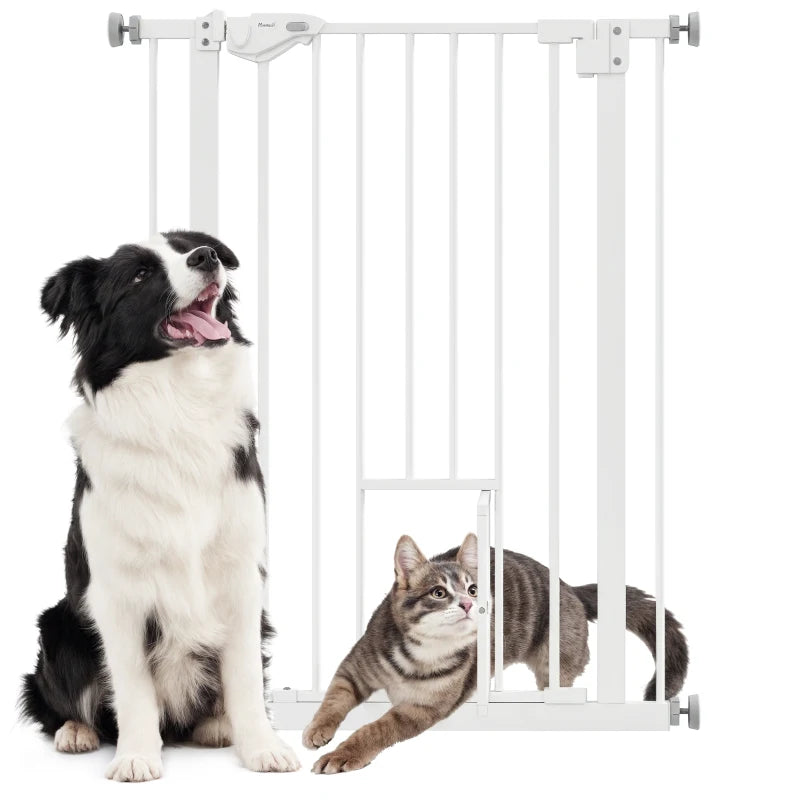 Dog Gate with Small Door, Pressure Fit and Self-Closing, 74-80x91.4cm, White