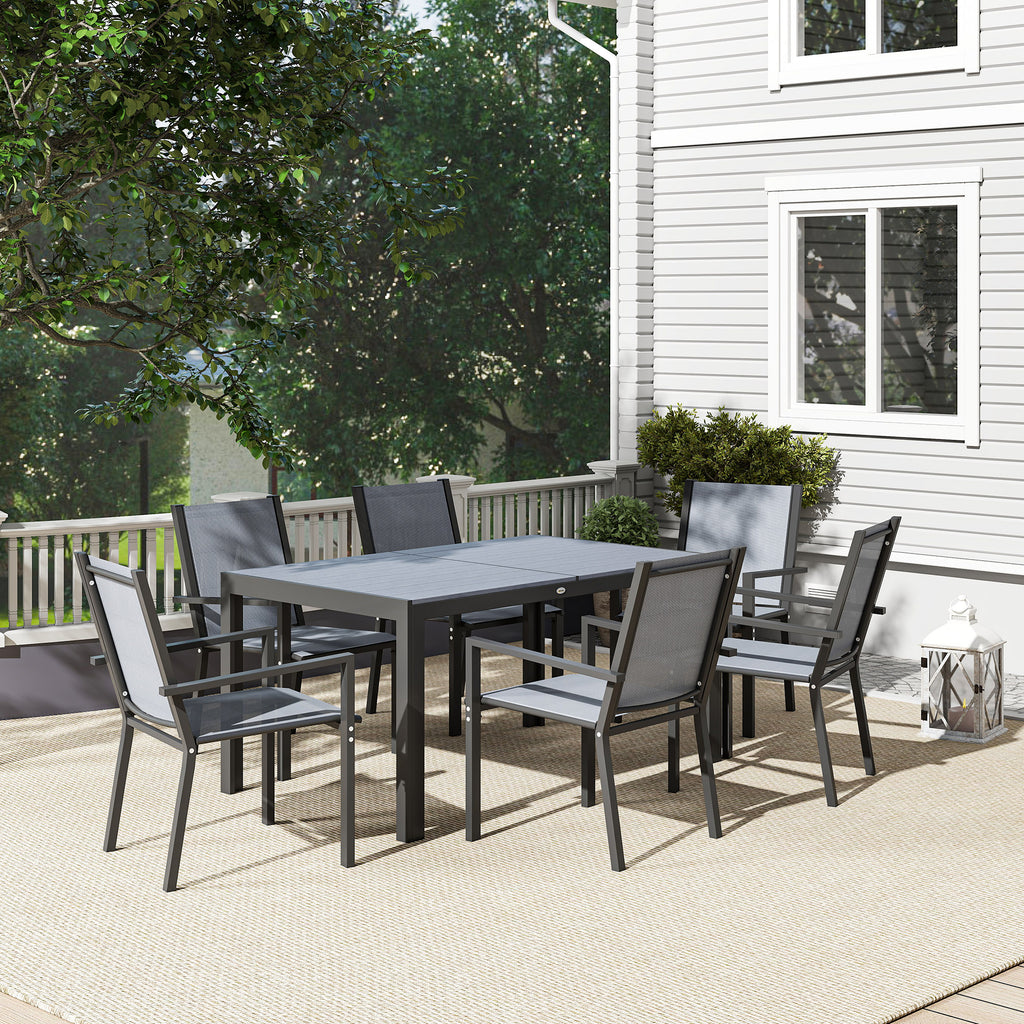 Outsunny Garden Set with 6 Stackable Chairs and Rectangular Dining Table, Light Grey
