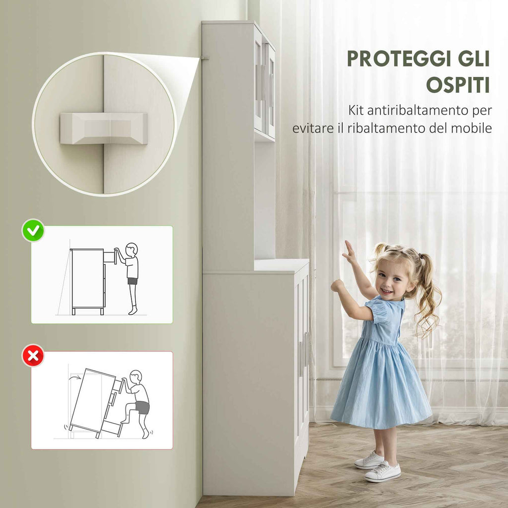 HOMCOM 4-Cup Pantry Unit with 2 Open Shelves and Worktop, Wood and Glass, 108x35x180 cm, White