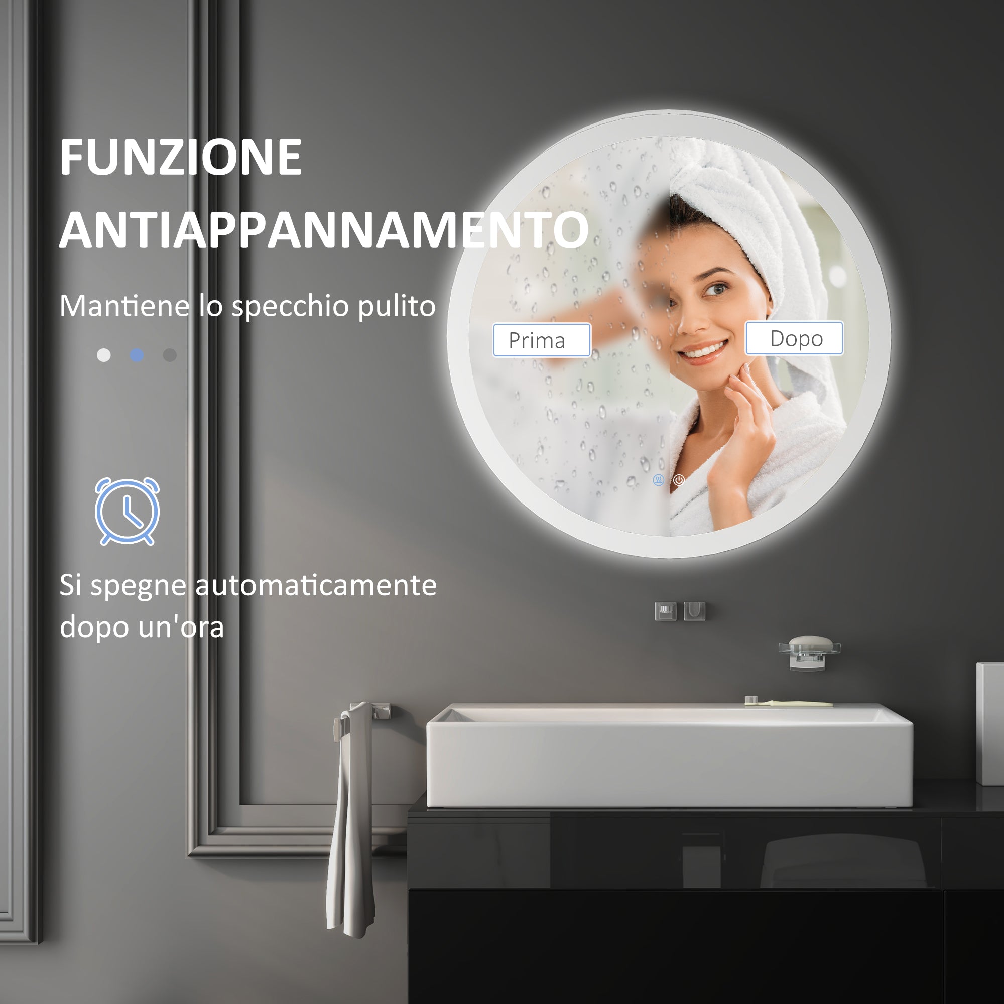 Bathroom Mirror with Adjustable LED Lights, Touch Control and Anti-Fog Design, Ø60 cm