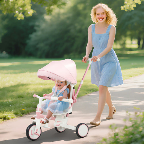 5-in-1 Children's Tricycle with Push Handle and Removable Cover, 96.5x49x101 cm, Pink