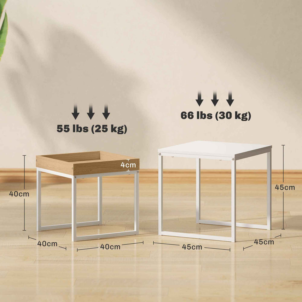 HOMCOM Modern Stackable Coffee Table Set with Tray, 45x45x45 cm, White and Oak
