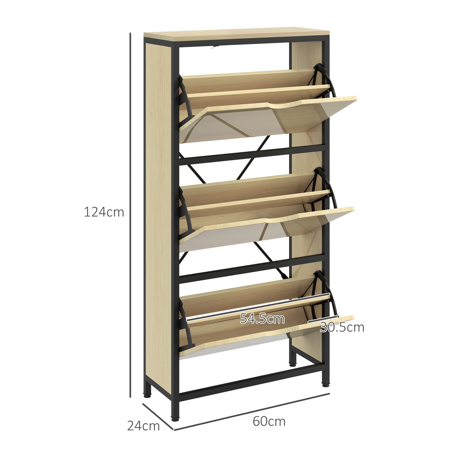 HOMCOM Slim Shoe Rack with 3 Drawers and Adjustable Shelves for 18 Pairs of Shoes, 60x24x124cm, Oak - Borgè