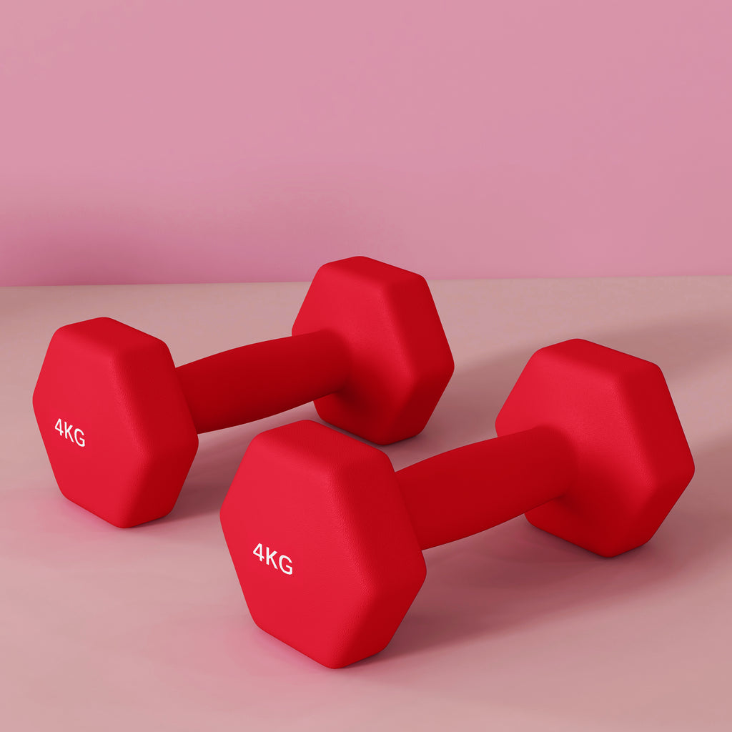 SPORTNOW Set of 2 Hexagonal Dumbbells weighing 2x4 kg in Metal and Plastic with Non-Slip Grip, 19x9x9 cm, Red