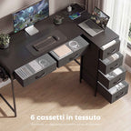 Corner Desk with 6 Drawers, Side Hook and Integrated Sockets, Wood and Steel, 126x48x80 cm, Black