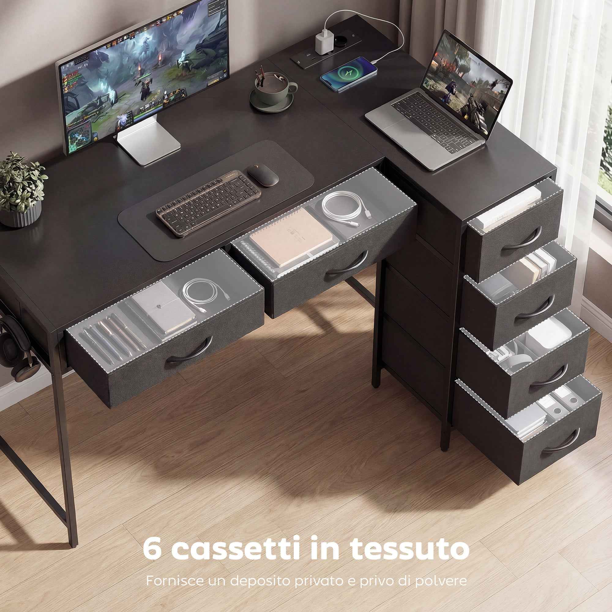 Corner Desk with 6 Drawers, Side Hook and Integrated Sockets, Wood and Steel, 126x48x80 cm, Black