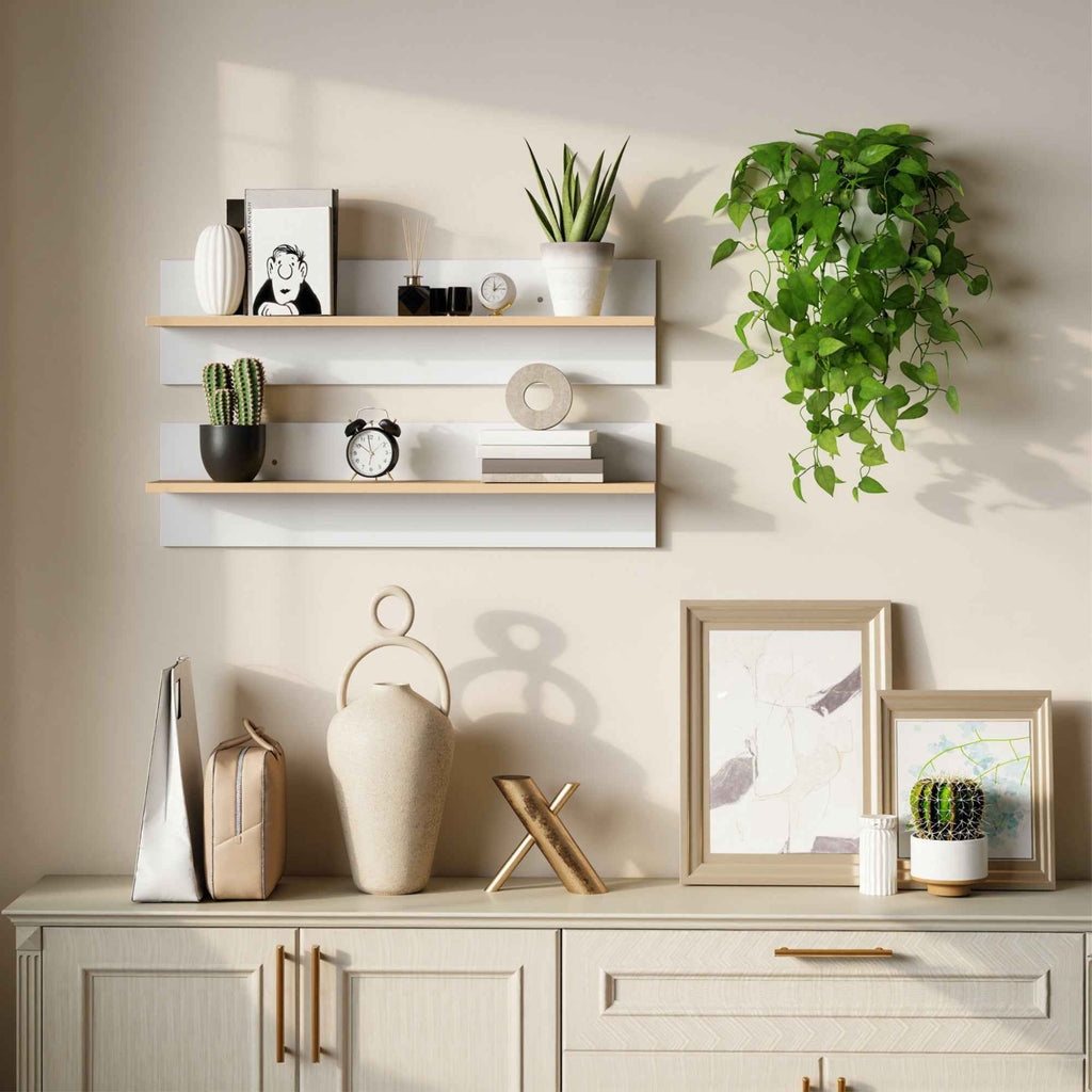 HOMCOM Set of 2 Wooden Wall Shelves for Home and Office, 80x16.5x20 cm, White and Wood Color