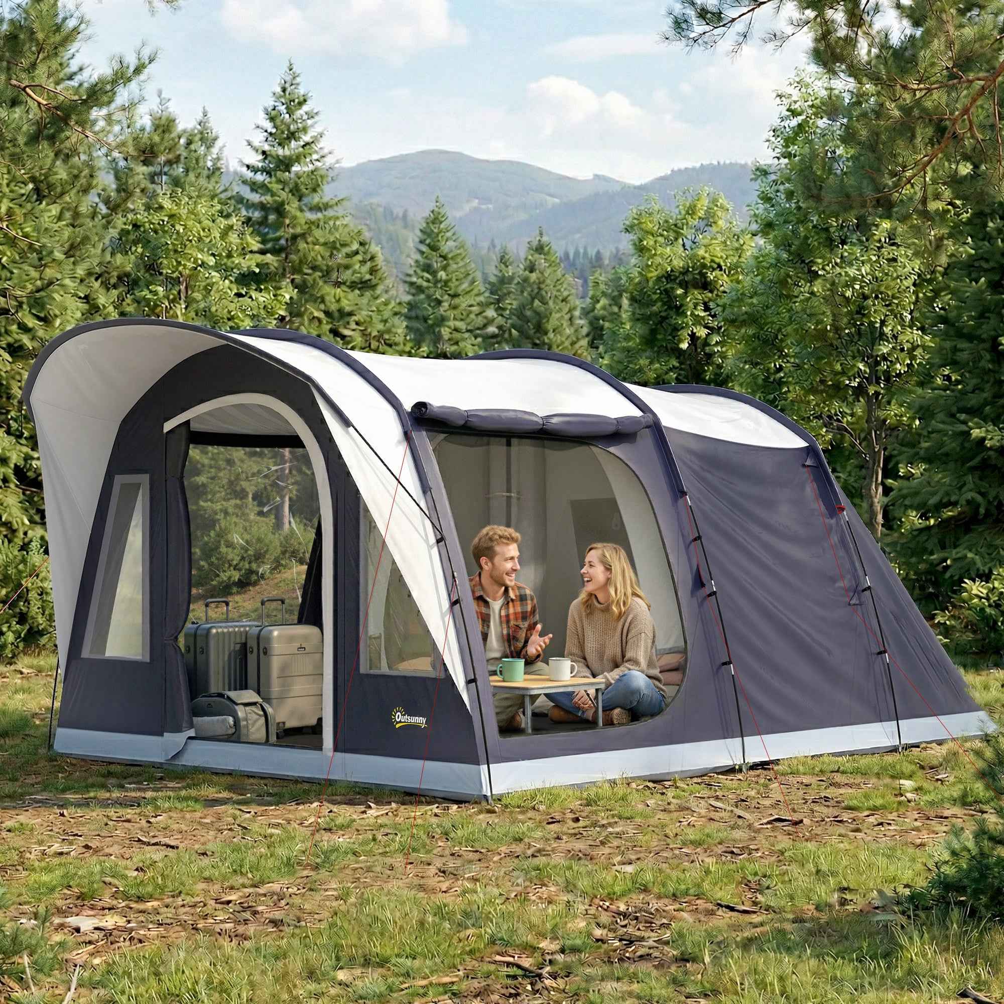 Outsunny 2-4 Person Tunnel Tent, Bedroom, Living Area, Waterproof, Navy Blue