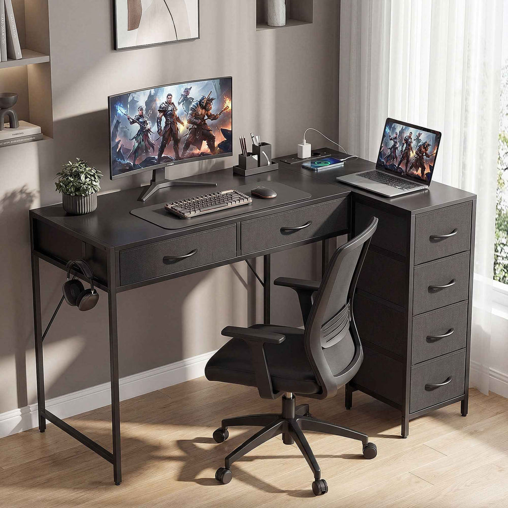Corner Desk with 6 Drawers, Side Hook and Integrated Sockets, Wood and Steel, 126x48x80 cm, Black