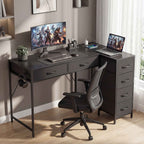 Corner Desk with 6 Drawers, Side Hook and Integrated Sockets, Wood and Steel, 126x48x80 cm, Black