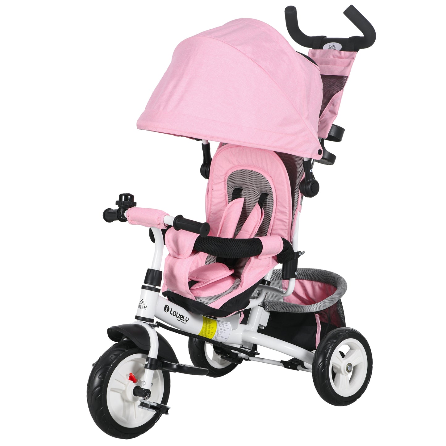 HOMCOM Tricycle for Children 1-5 Years with Handle and Adjustable Canopy, 102x49x102 cm, White and Pink - Borgè