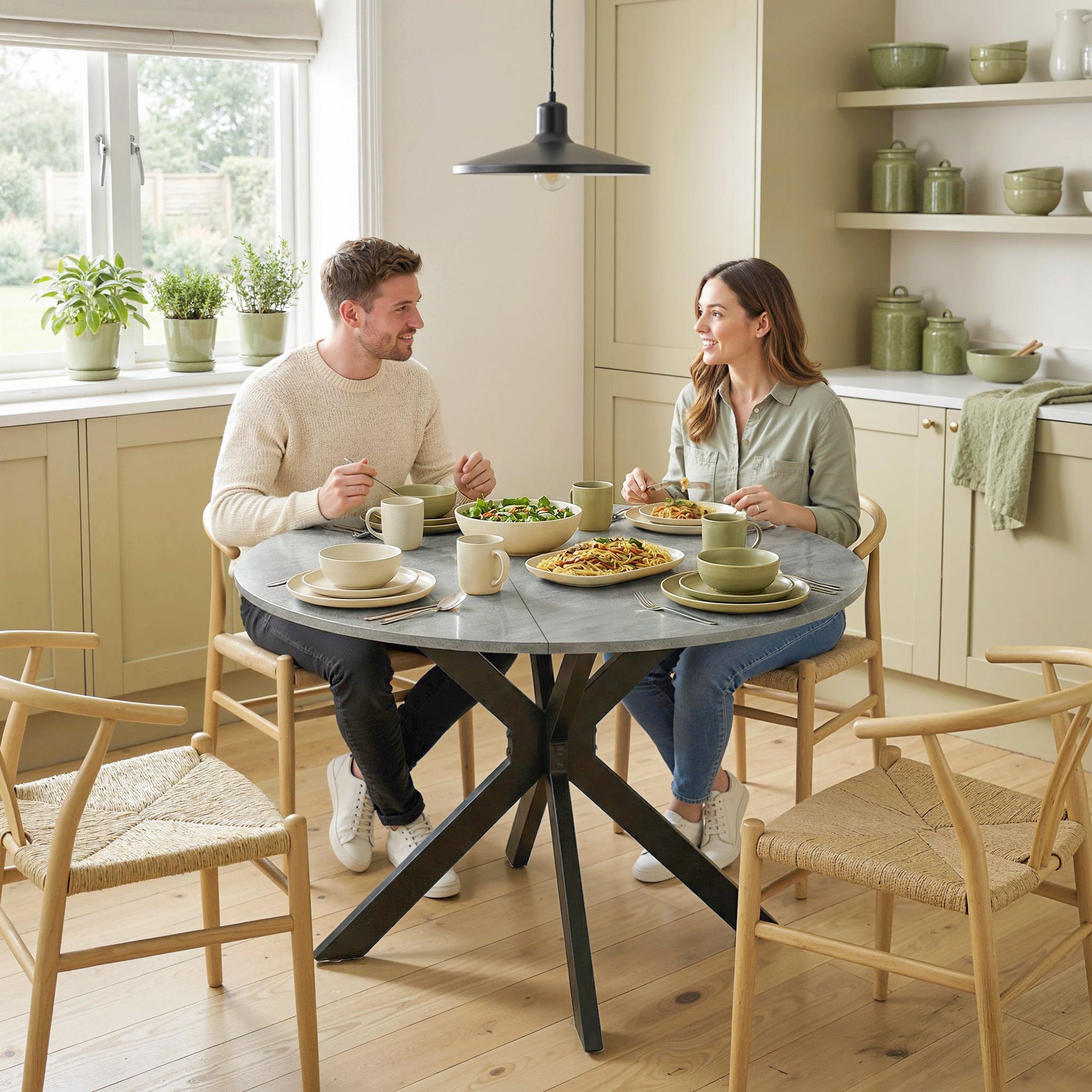 HOMCOM Folding Table for 2-6 People, Folding Wings, Double X Steel Frame, Cement Grey