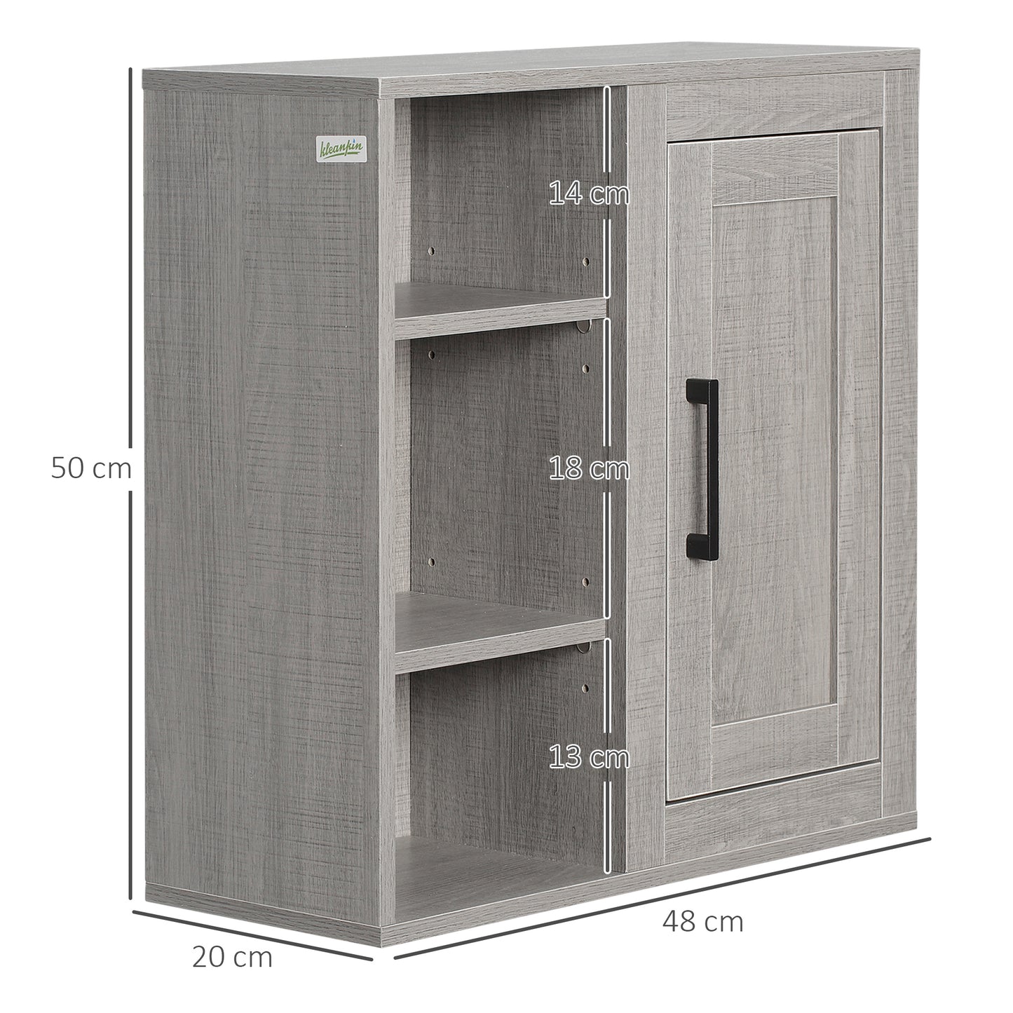 kleankin Bathroom Wall Unit with 3 Open Shelves and Chipboard Cabinet, 48x20x50cm, Gray