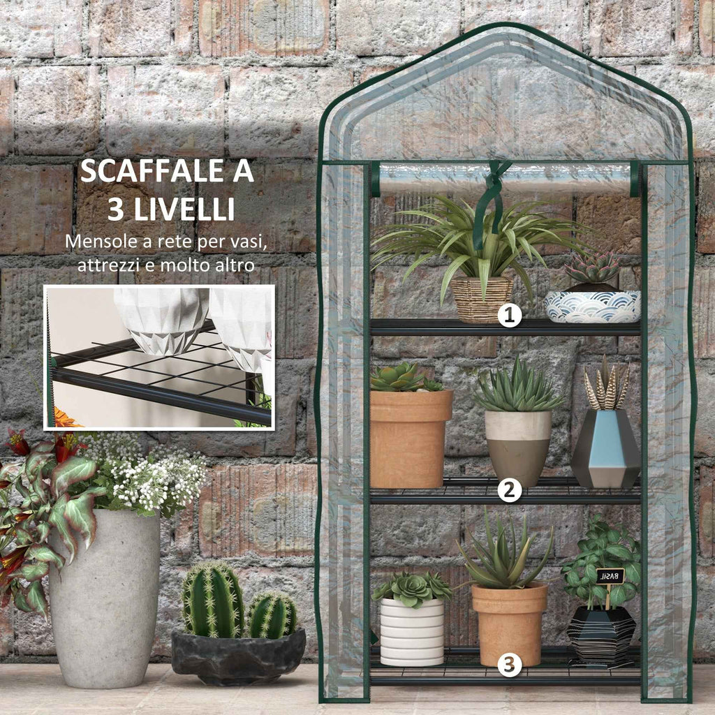 Outsunny Mini Garden Greenhouse with PE Cover, 3 Shelves and Roll-Up Door, 59x39x127 cm, Transparent
