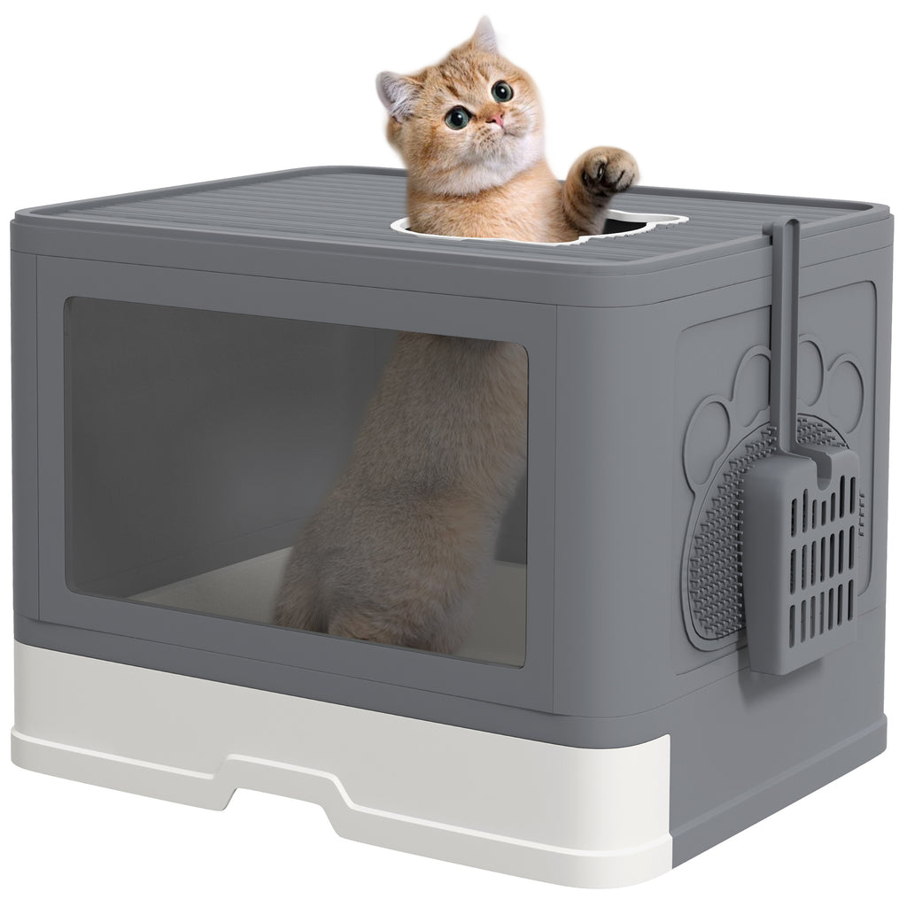 Enclosed Cat Litter Box with Lid and Double Entry, Removable Tray, Scoop and Brush, Grey
