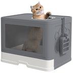 Enclosed Cat Litter Box with Lid and Double Entry, Removable Tray, Scoop and Brush, Grey