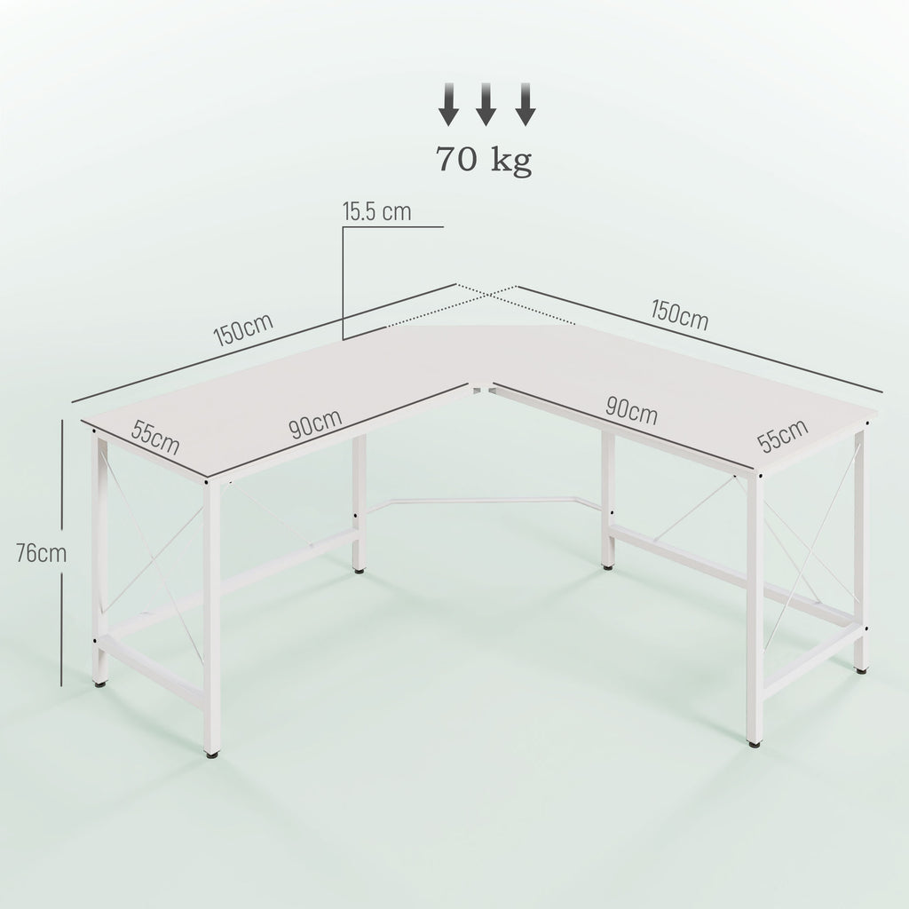 L-Shaped Corner Desk with Adjustable Feet, Wood and Steel, 150x150x76 cm, White