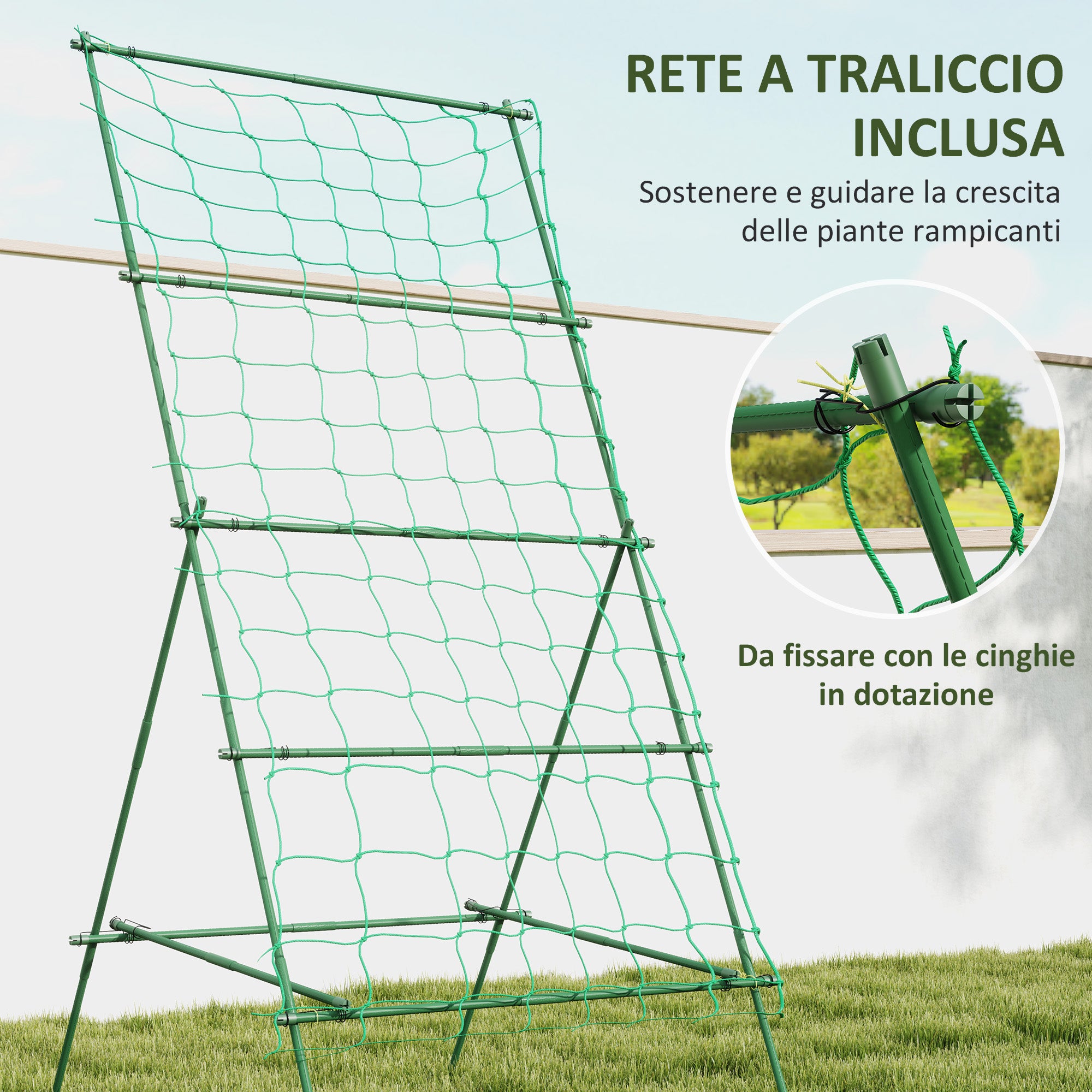 A-shaped Tomato Support with Adjustable Levels with Net, in Steel, PE and PP, 101x133x227 cm, Green