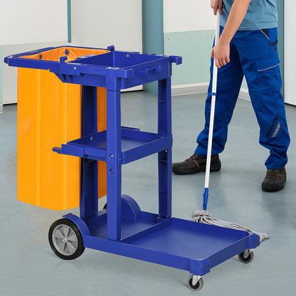 3-Shelf Cleaning Trolley with Hooks and 100L Bag, 121x50.5x96.5 cm, Blue Yellow and Gray