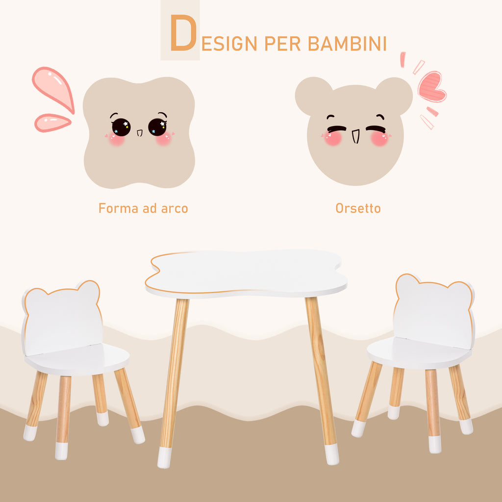 Children's Wooden Teddy Bear Table and 2 Chairs Set, White