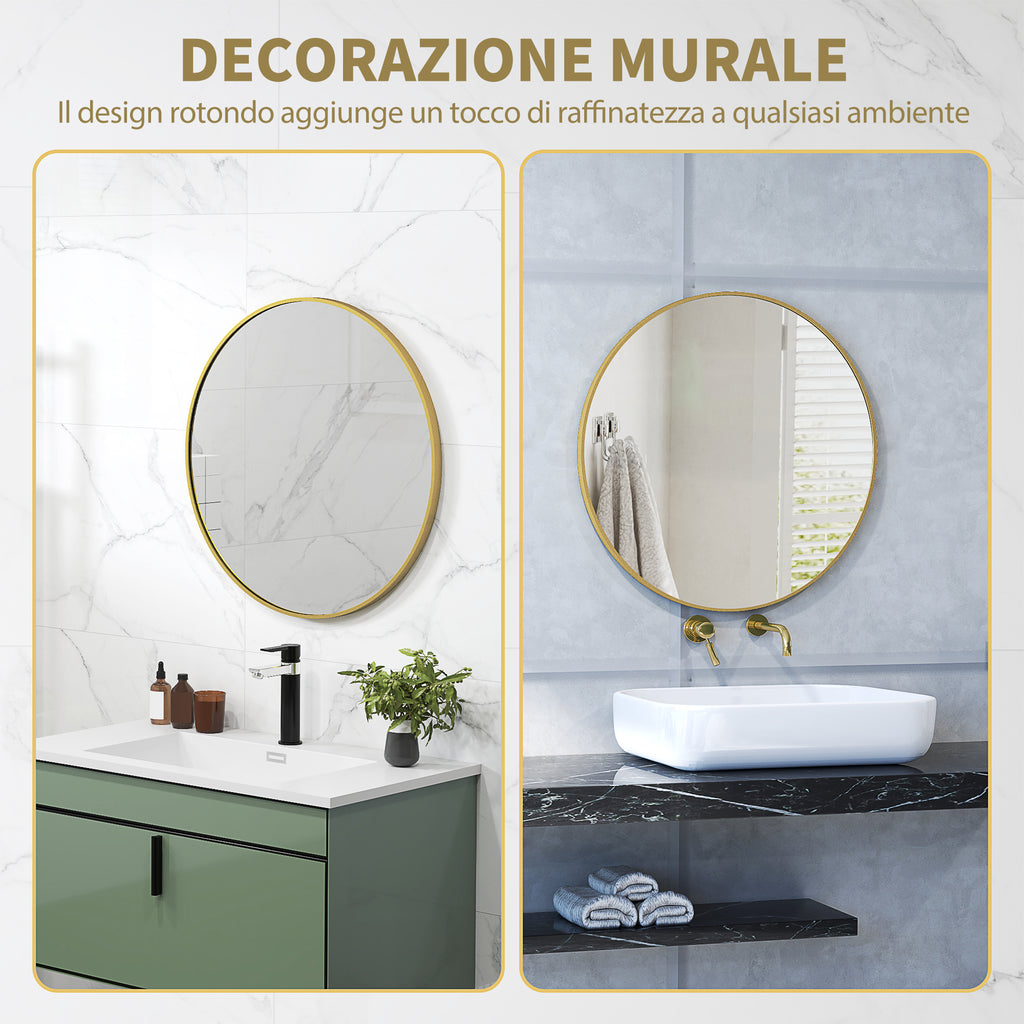Round Bathroom Mirror with Shockproof Surface, Glass and Steel, Ø70x2.5 cm, Gold Color