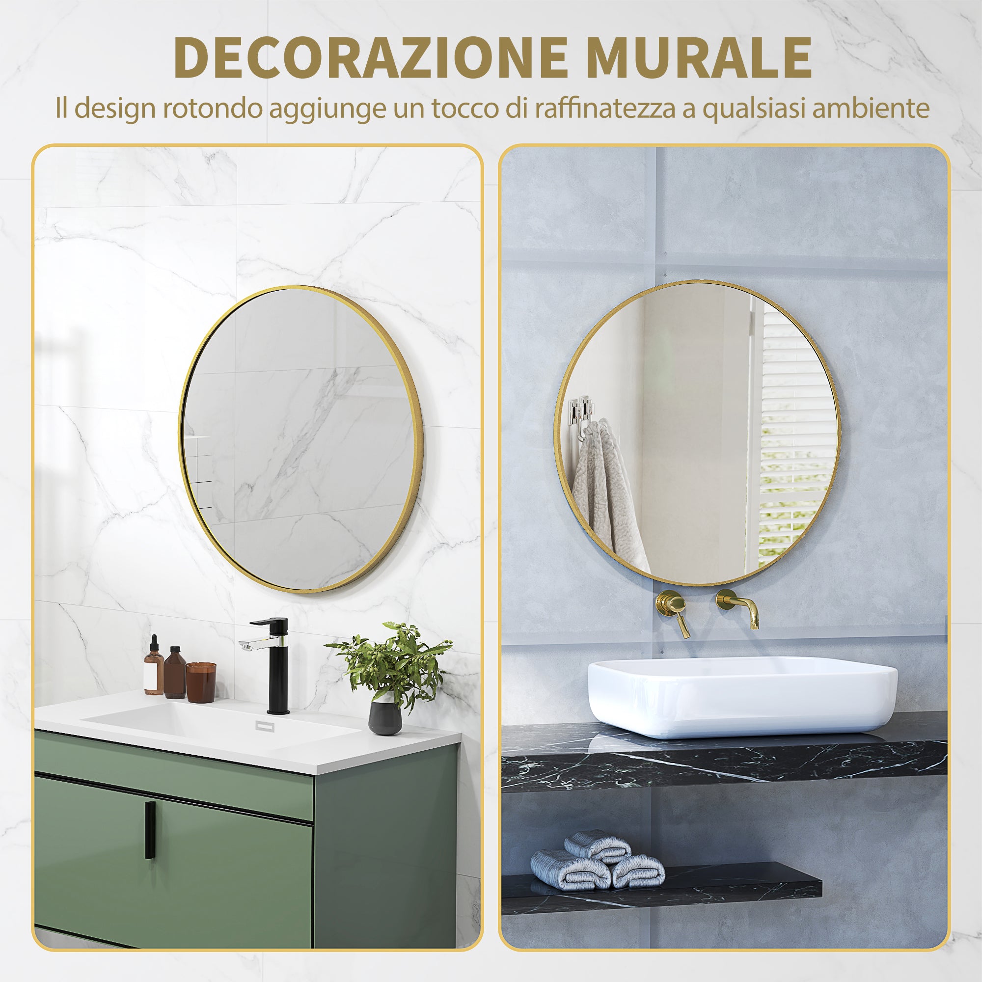 Round Bathroom Mirror with Shockproof Surface, Glass and Steel, Ø70x2.5 cm, Gold Color