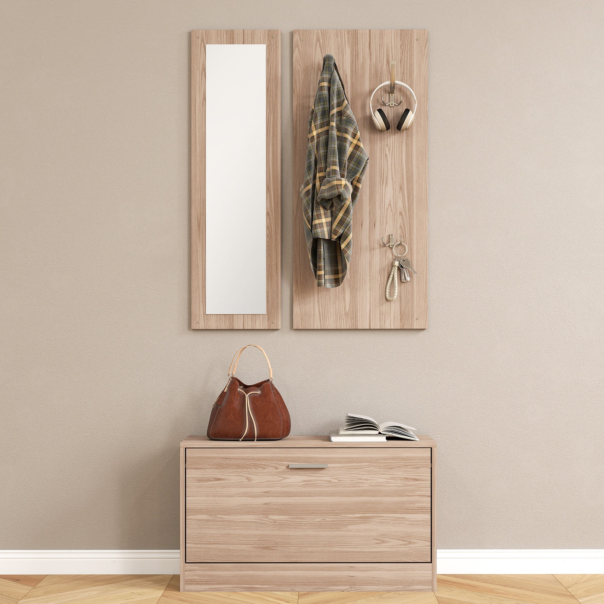 Hallway Furniture Set with Shoe Bench, Wall-Mounted Coat Rack and Mirror, 80x27x46.5 cm, Dark Brown